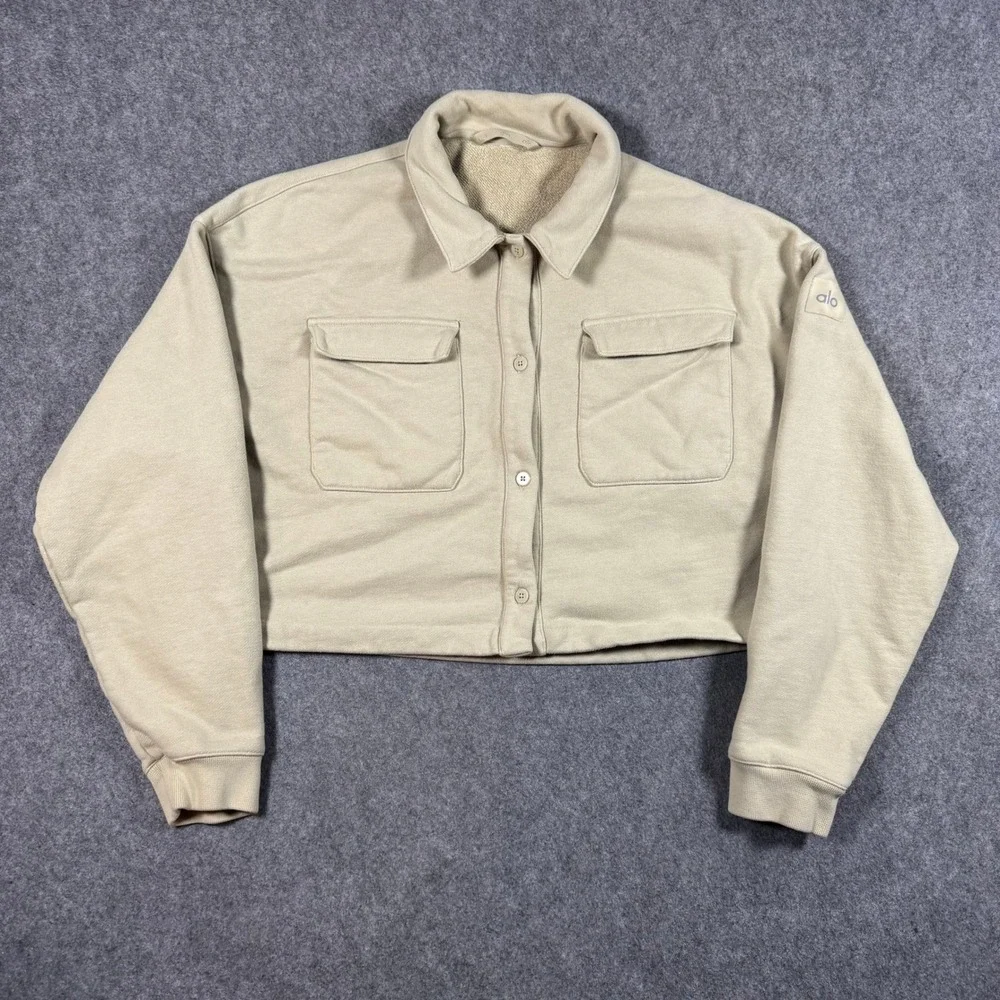 Alo Yoga Shacket Womens Large Beige Renown Cropped French Terry Button Jacket